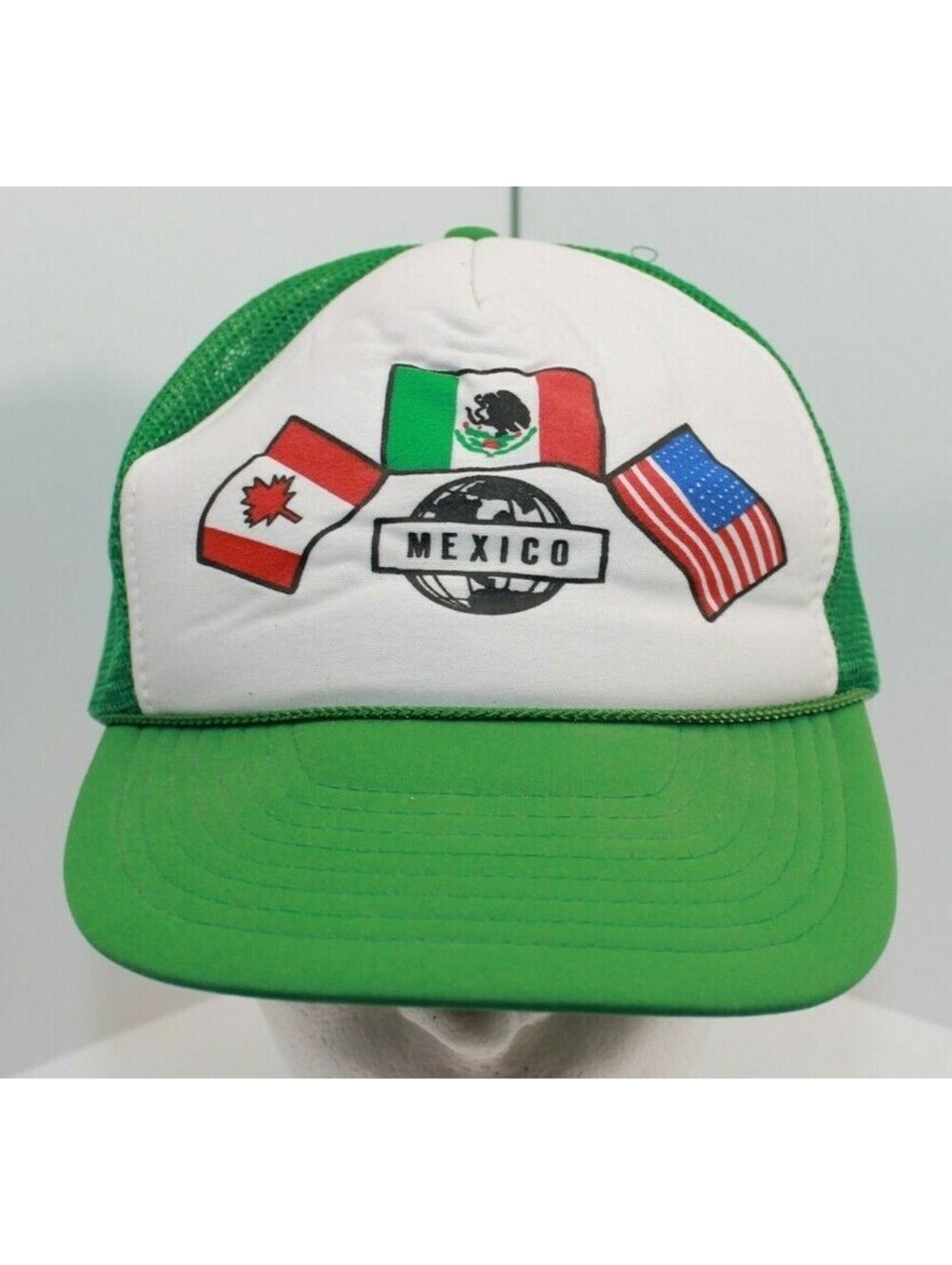 VTG Green & White NISSIN Mexico Canada USA Flag Hat Mesh Snap Back Trucker Hat